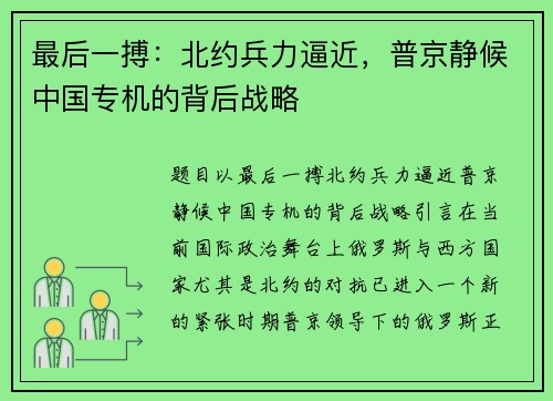 最后一搏：北约兵力逼近，普京静候中国专机的背后战略